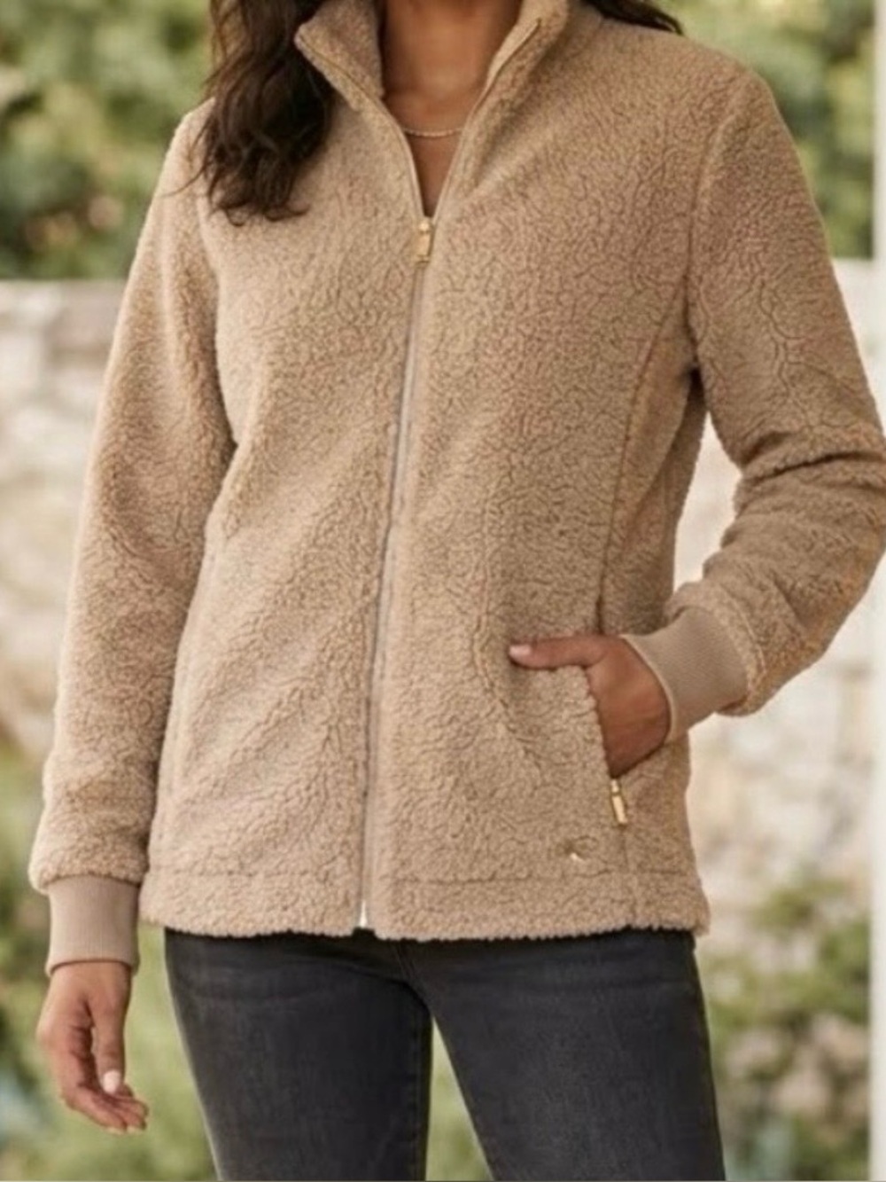 Calvin Klein Sherpa Full Zip Women's Tan Teddy Bear Jacket Size Mediumi